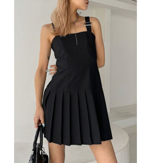 GYDA「【TINY】アシメストラッププリーツワンピース」|ワンピース|ブラック