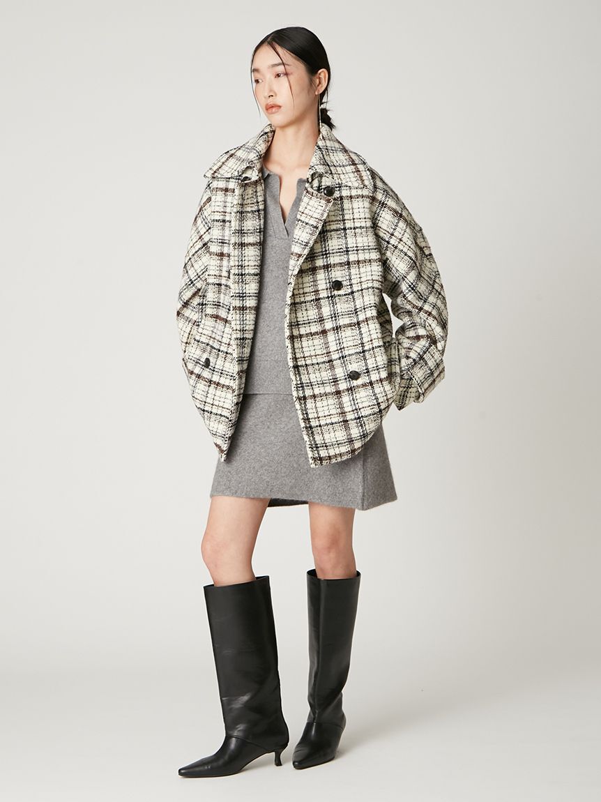FRAY I.D「ダブルブレストチェックミドルコート」|ピーコート|