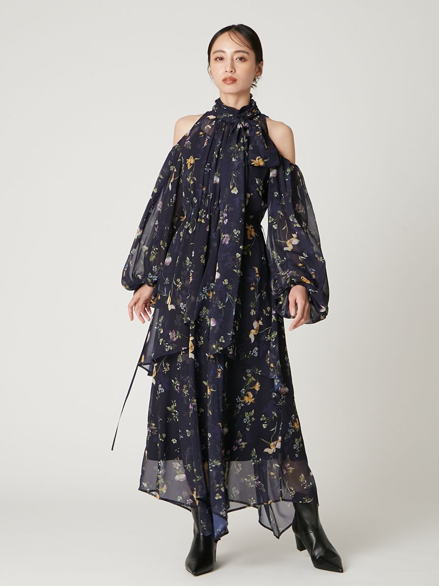 FRAY I.D「【00サイズ】フラワープリントオフショルティアードワンピース」|ワンピース|