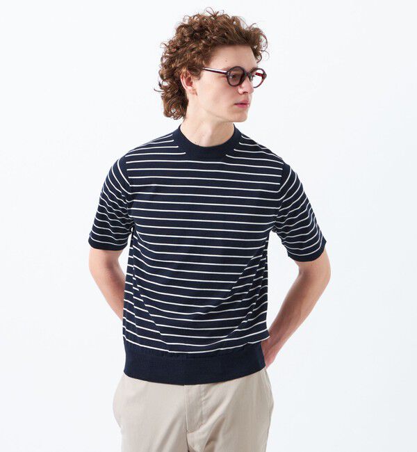 MACKINTOSH PHILOSOPHY「TEXBRIDプレーティング 半袖セミモックネックプルオーバーニット」|ニット・セーター|ネイビー&times;ホワイト