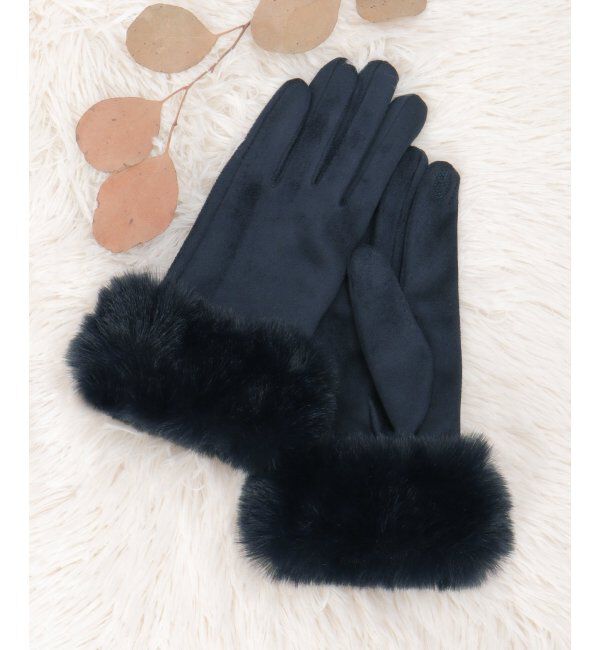 ikka「エコスエードフェイクファー付きグローブ」|手袋|ネイビーブルー