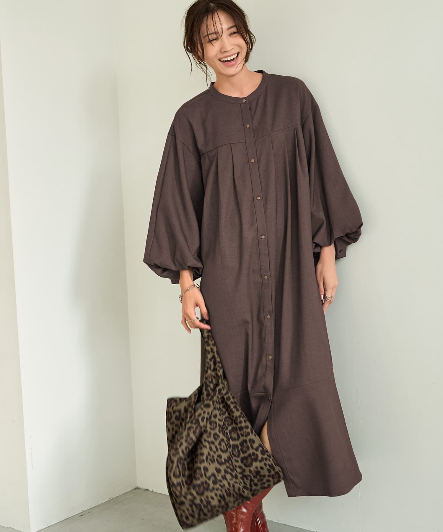 STYLE DELI「ボリューム袖バックレースアップワンピース」|ワンピース|ブラウン