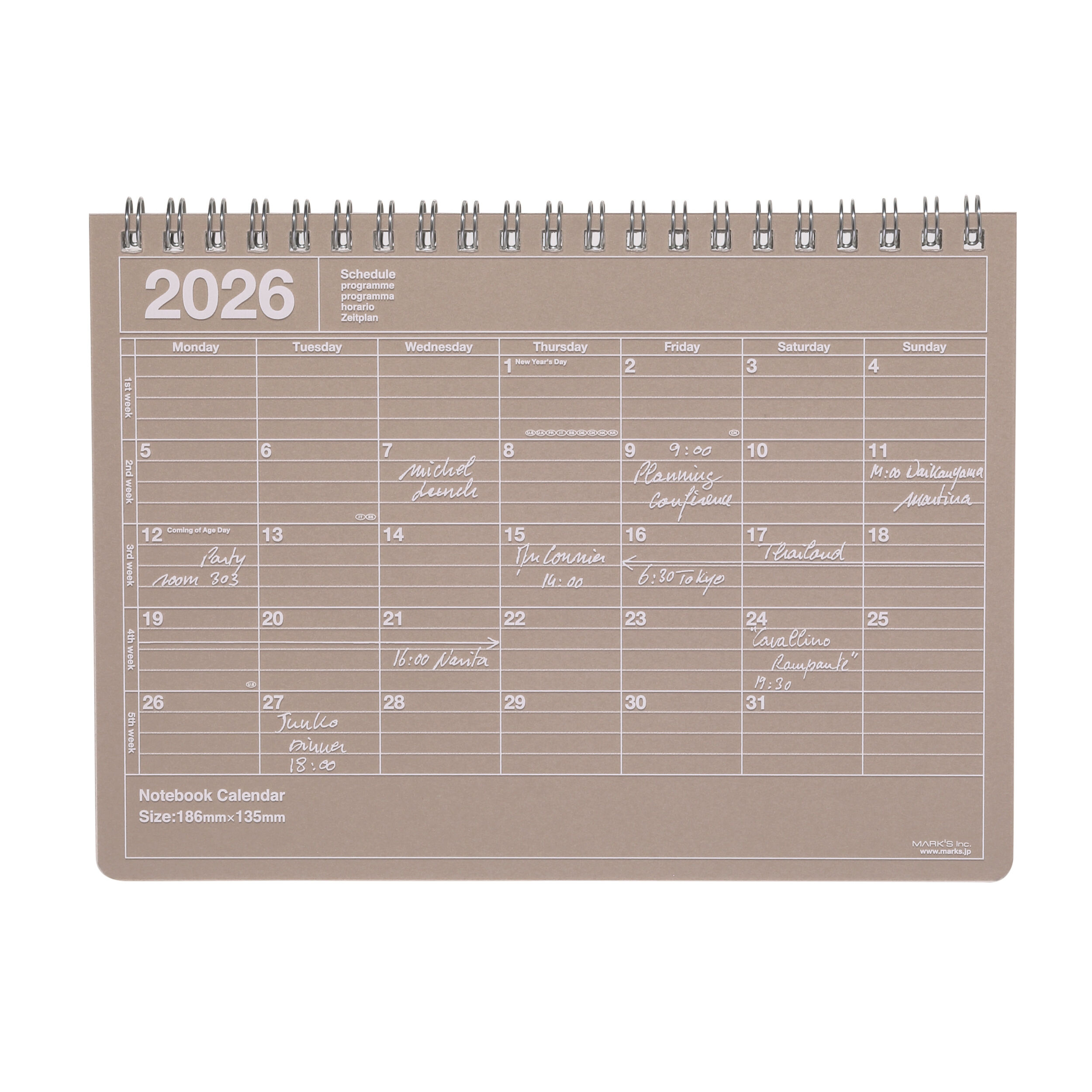  「2026 スケジュール帳 2026年1月始まり 月間ブロック B5変型 ノートブックカレンダー・M」|ステーショナリー|ブラウン