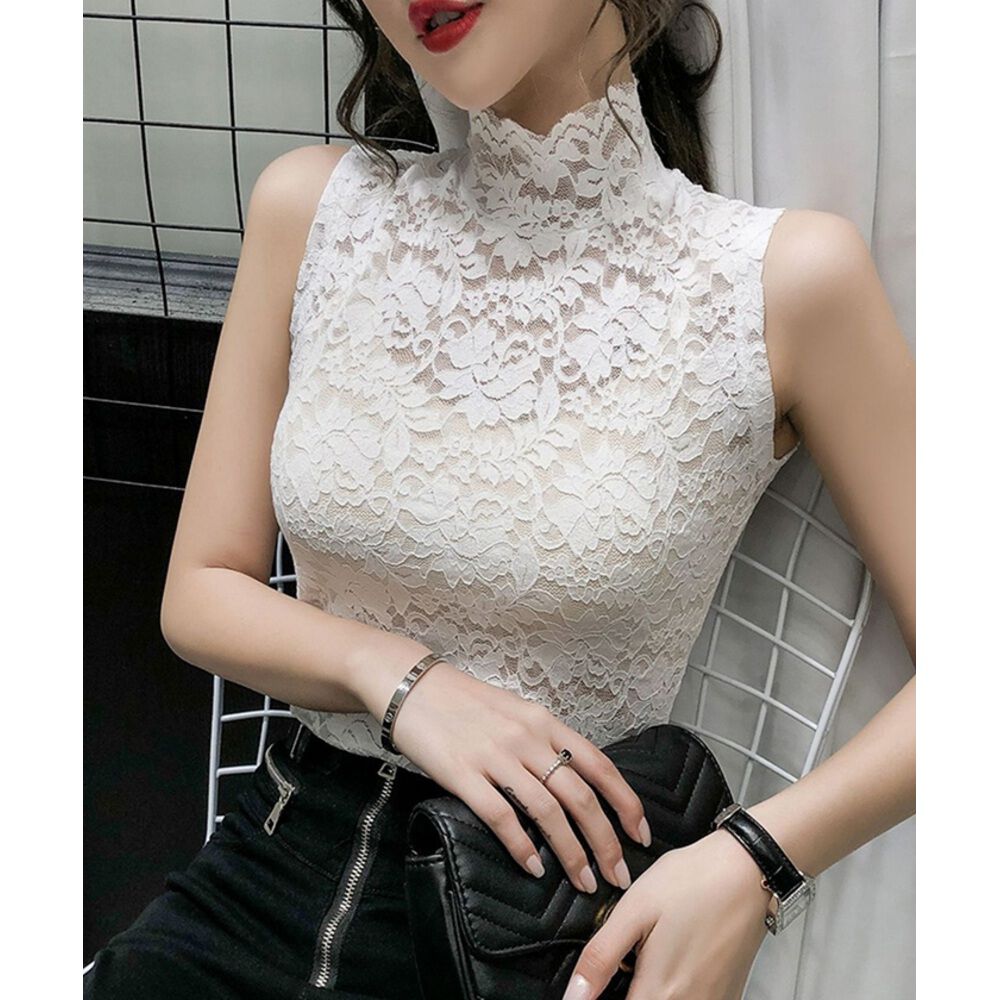 BACKYARD FAMILY「ハイネック レース タンクトップ 通販 ノースリーブ 透け感 トップス ハイネックレースインナー」|その他|ホワイト1