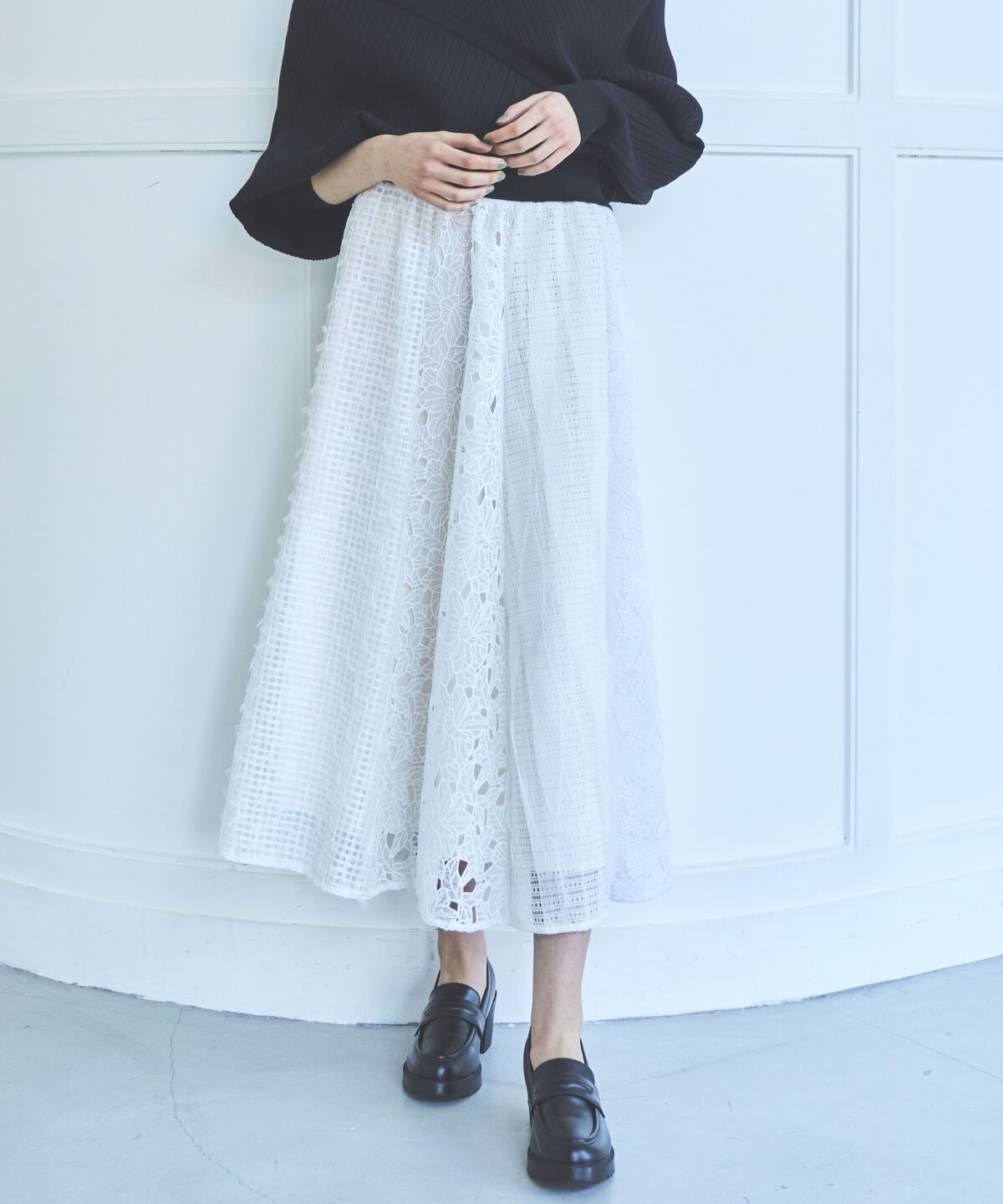 アンドクチュール「ウエストリブレースMIXロングスカート」|フレア|