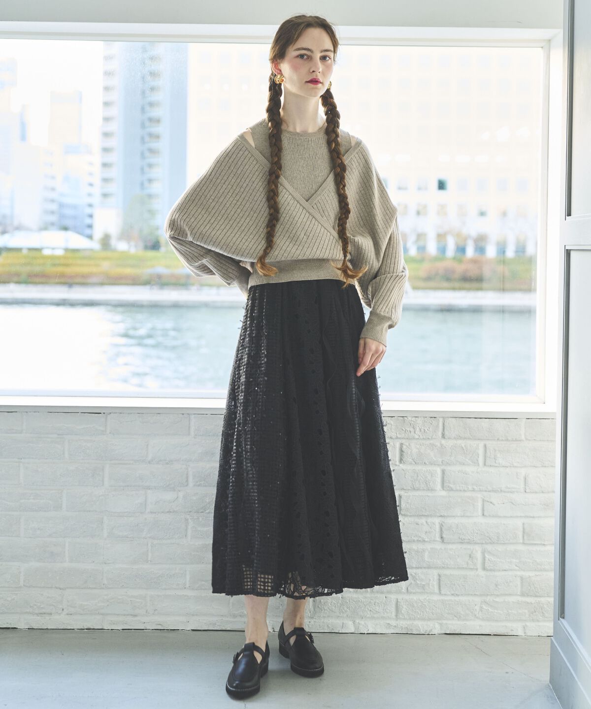 アンドクチュール「ウエストリブレースMIXロングスカート」|フレア|