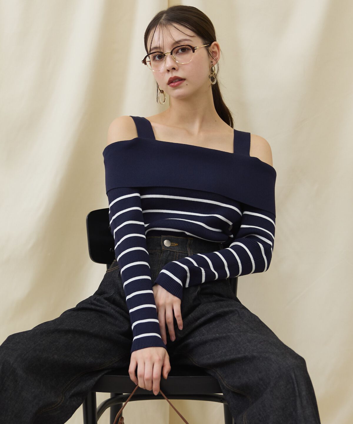 アンドクチュール「オフショルニットプルオーバー」|ニット・セーター|Navy/borderｽﾄﾗｲﾌﾟ