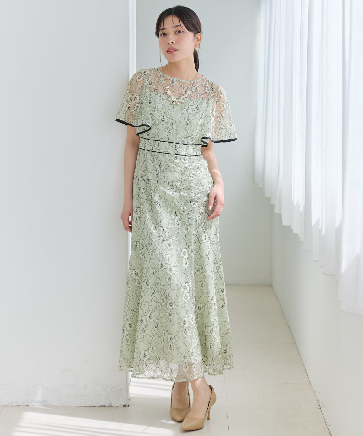 アンドクチュール「アシメギャザーパイピングレースドレス」|ドレス|