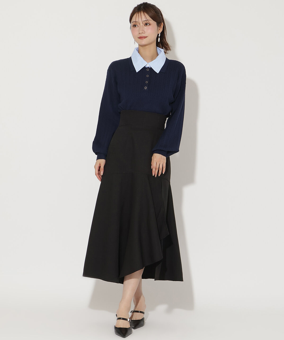 アンドクチュール「シャツ襟ケーブルニット」|ニット・セーター|