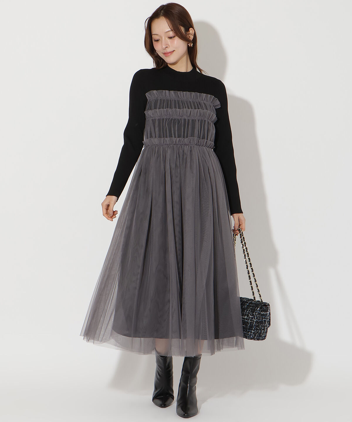 アンドクチュール「チュールギャザードッキングワンピース」|ワンピース|