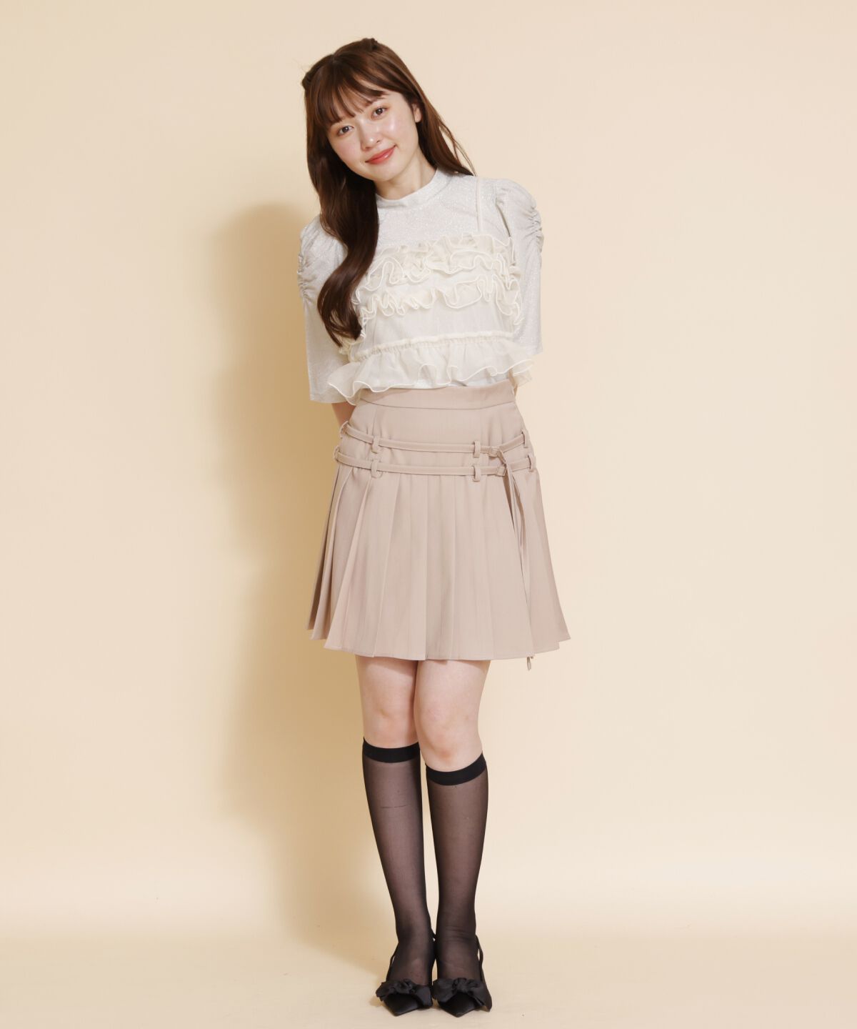 REDYAZEL「ダブルベルトプリーツミニスカート」|フレア|