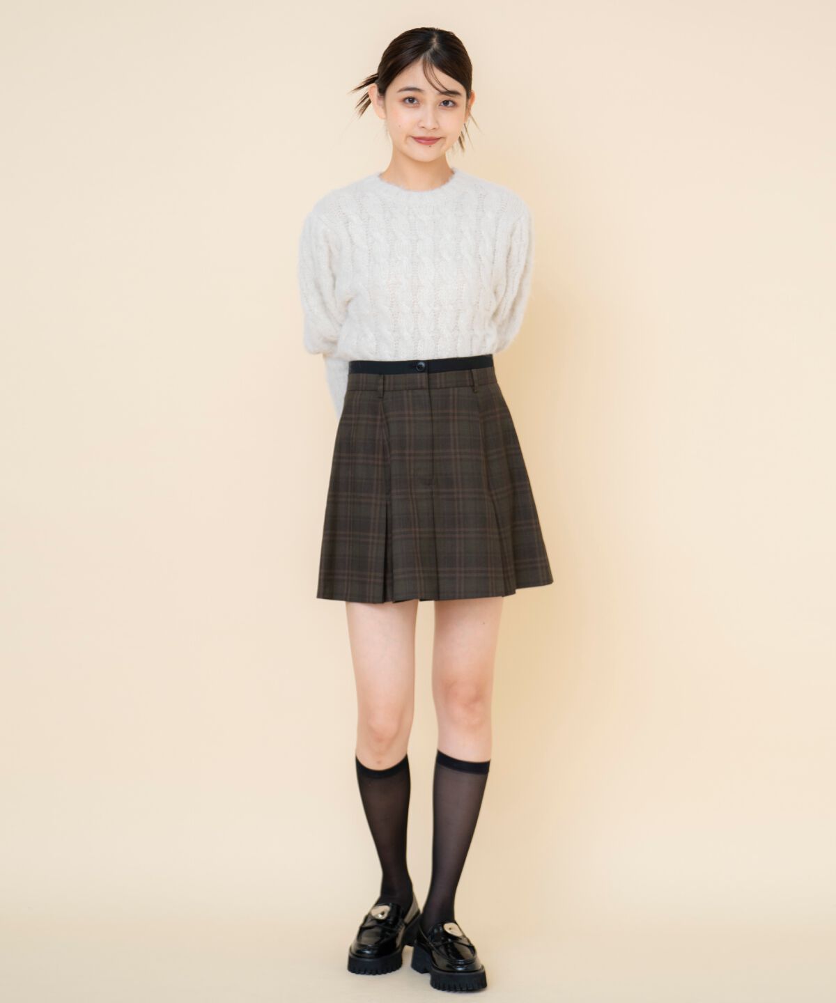 REDYAZEL「ボックスタックチェックスカート」|フレア|ブラウン