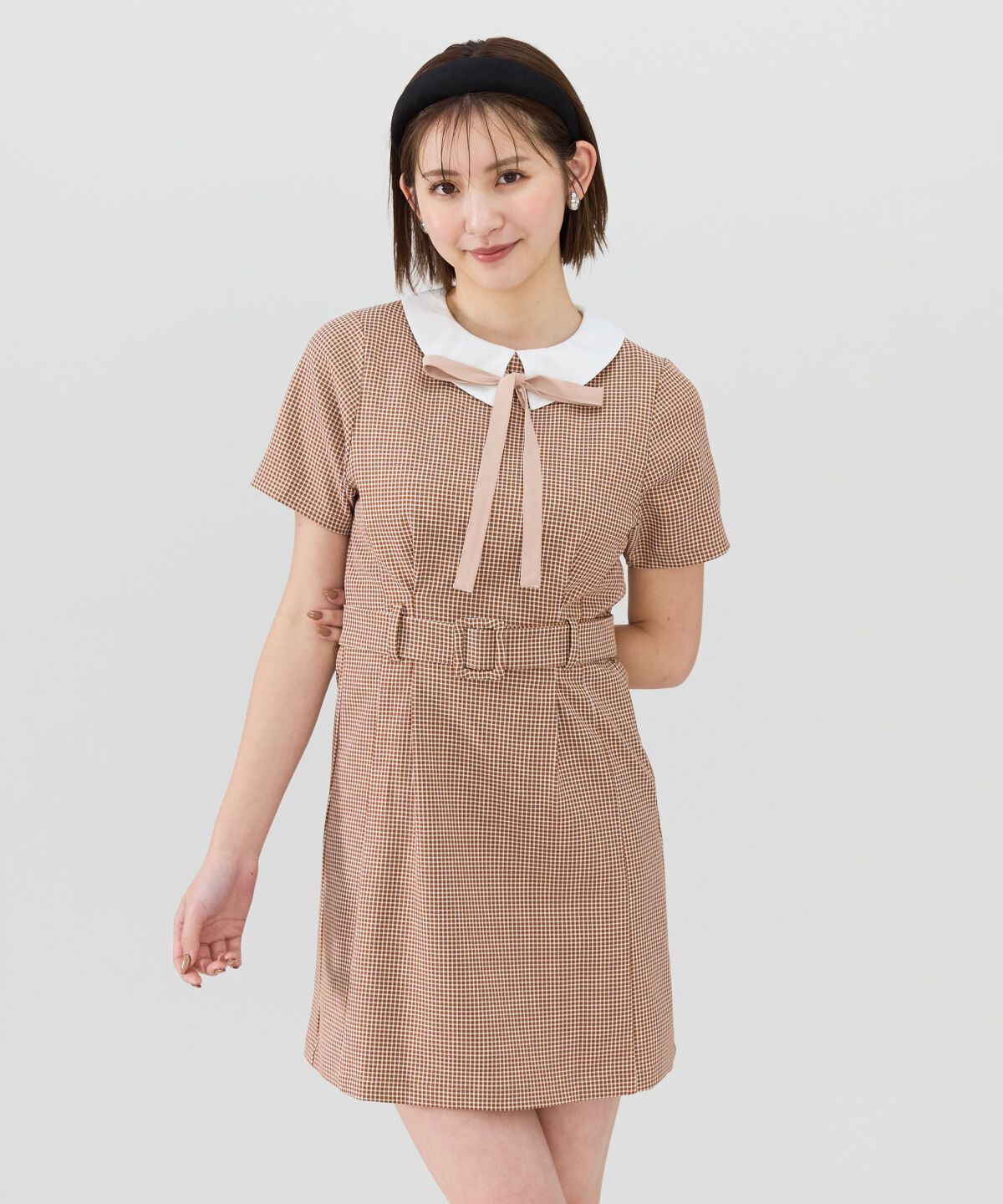 REDYAZEL「ギンガムチェック襟つきミニワンピース」|ワンピース|ブラウン