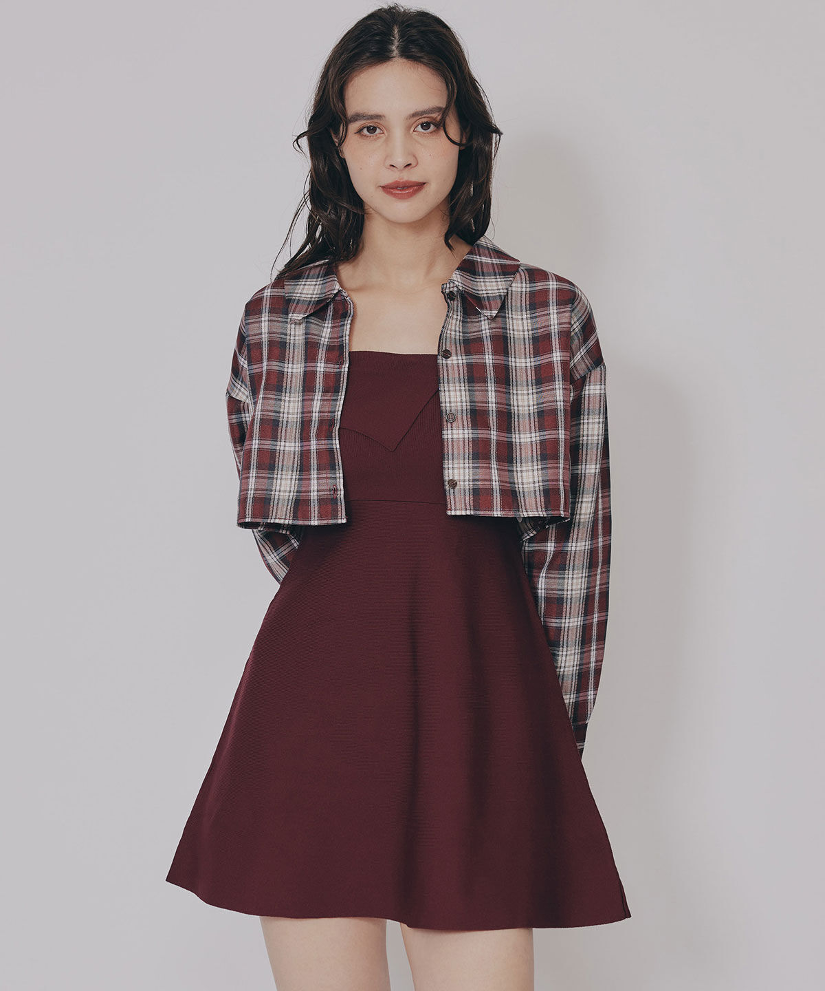 REDYAZEL「チェックショートシャツ&times;ニットミニワンピース」|ワンピース|茶系チェック