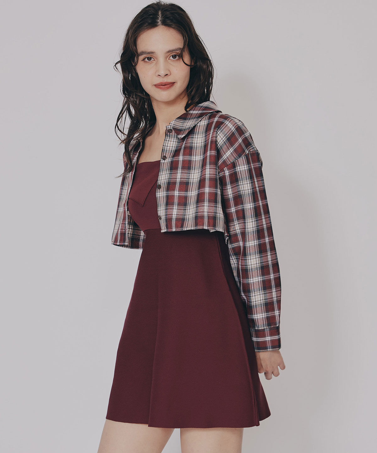 REDYAZEL「チェックショートシャツ&times;ニットミニワンピース」|ワンピース|
