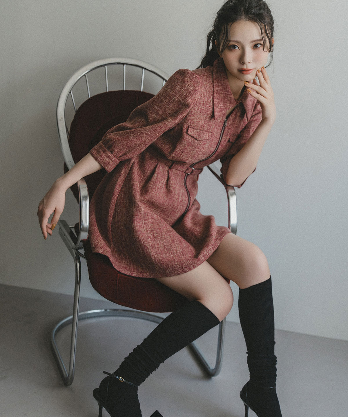 REDYAZEL「カラーミックスフロントZIPワンピース」|ワンピース|ボルドー