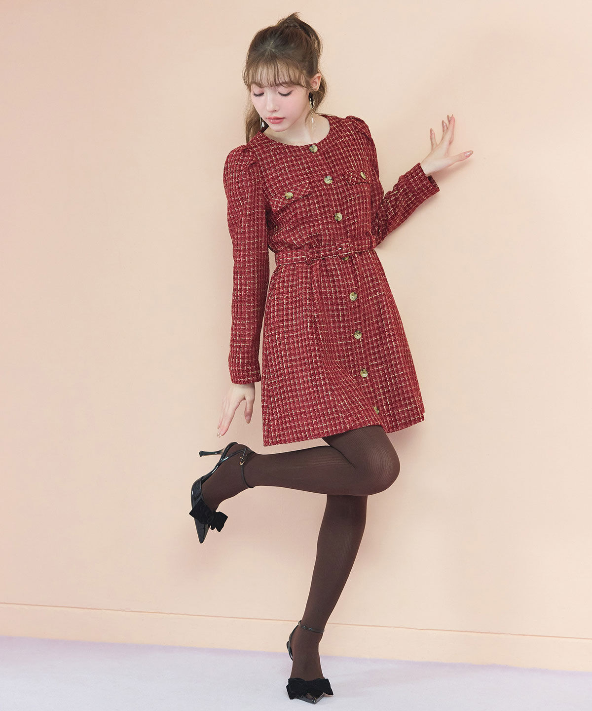 REDYAZEL「MIXツイードパフスリーブミニワンピース」|ワンピース|