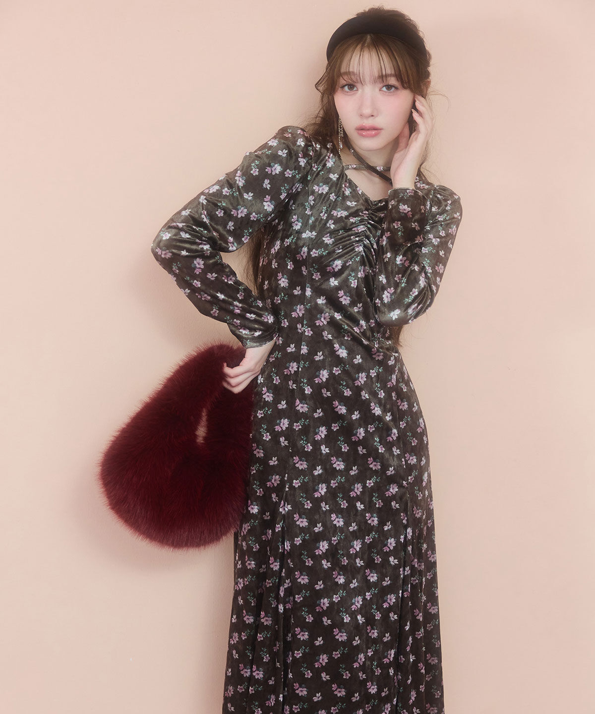 REDYAZEL「クロスリボンフラワーベロアロングワンピース」|ワンピース|