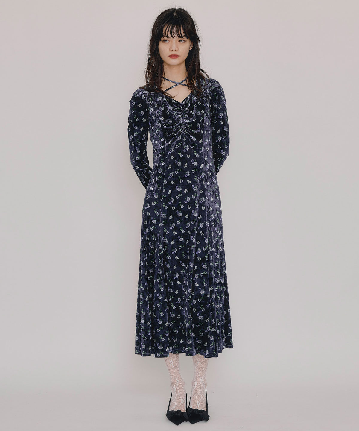 REDYAZEL「クロスリボンフラワーベロアロングワンピース」|ワンピース|ネイビー