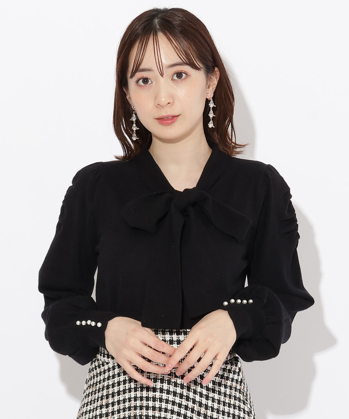 WILLSELECTION「ギャザー袖ボウタイプルオーバー」|ニット・セーター|ブラック