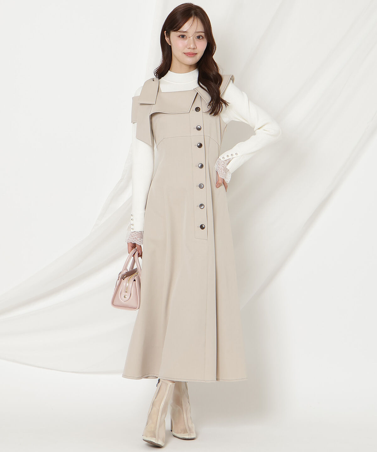 WILLSELECTION「アシンメトリーリボンショルダーワンピース」|ジャンパースカート|ベージュ