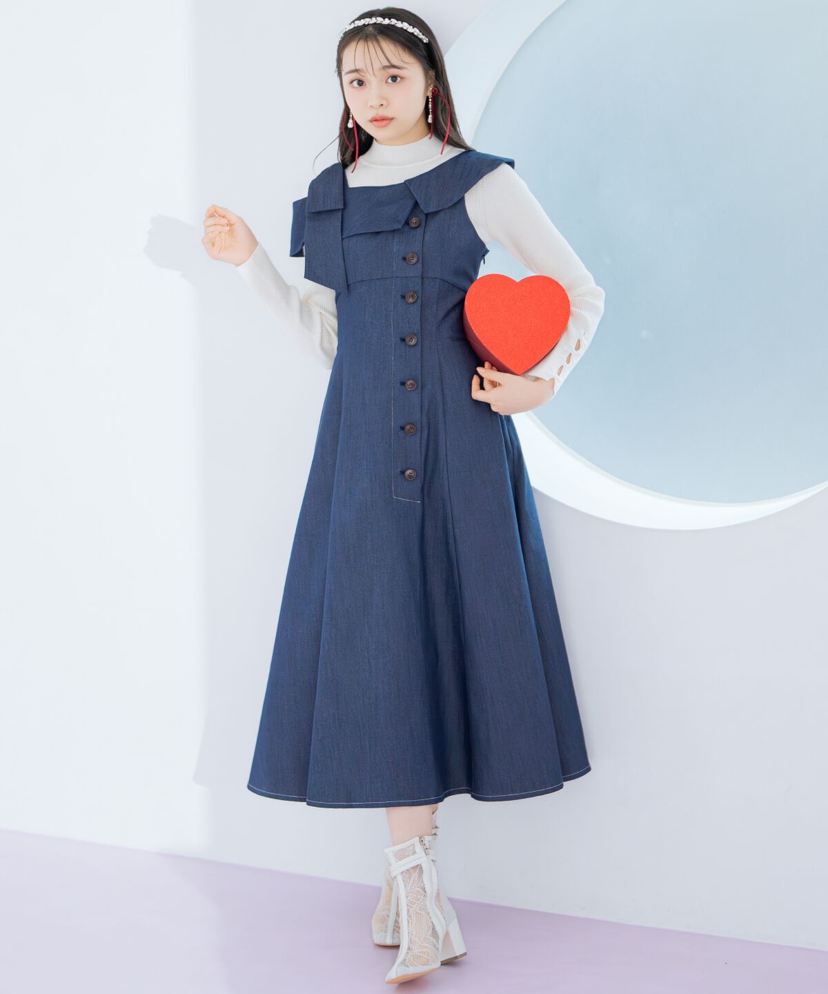 WILLSELECTION「アシンメトリーリボンショルダーワンピース」|ジャンパースカート|ネイビー