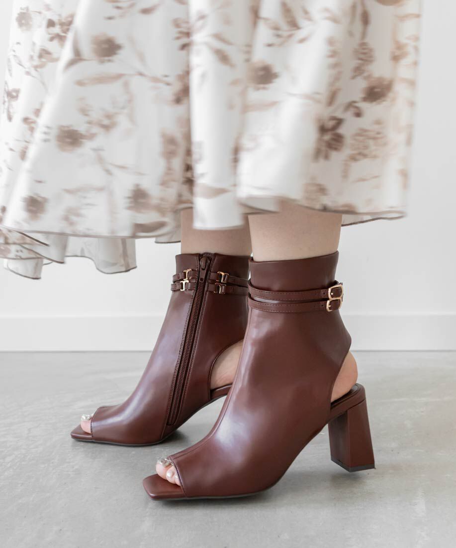  「2WAY オープントゥストレッチショートブーツ」|ショートブーツ|