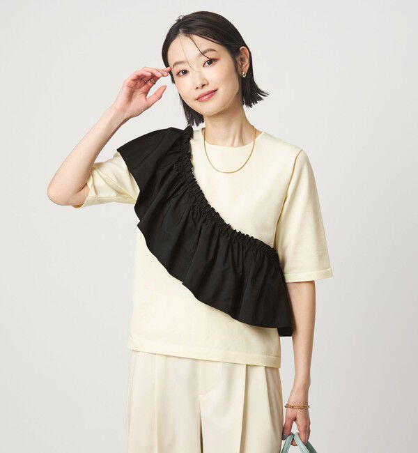 UNITED ARROWS green label relaxing「フリル ドッキング 5分袖 ニット プルオーバー ウォッシャブル」|ニット・セーター|