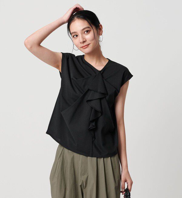 BEAUTY&YOUTH UNITED ARROWS「【WEB限定】ラッフルフレンチスリーブ プルオーバー -汗染み防止-」|Tシャツ・カットソー|BLACK