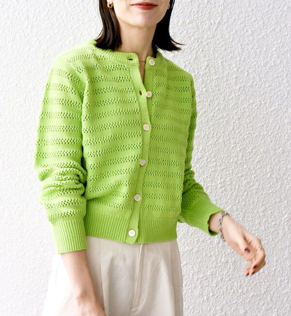 SHIPS any「SHIPS any: メッシュ ボーダー クルーネック カーディガン」|カーディガン|ライトグリーン