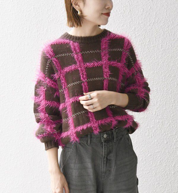 SHIPS any「SHIPS any:〈手洗い可能〉シャギー チェック クルーネック プルオーバー」|ニット・セーター|
