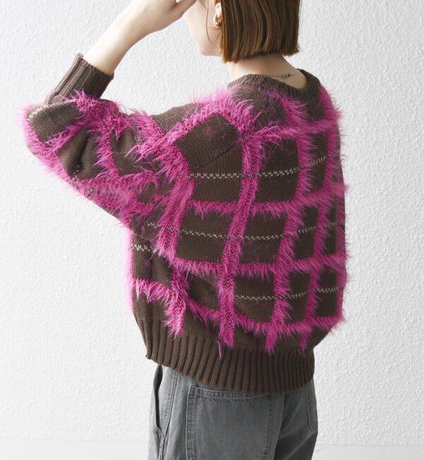 SHIPS any「SHIPS any:〈手洗い可能〉シャギー チェック クルーネック プルオーバー」|ニット・セーター|