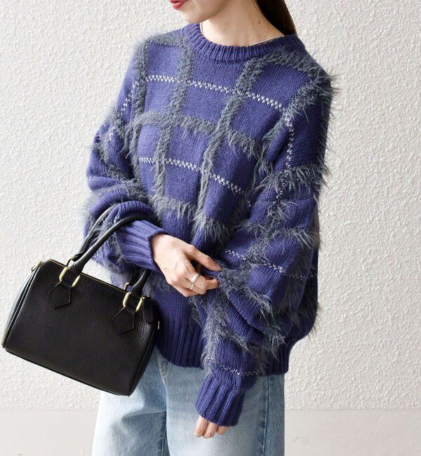 SHIPS any「SHIPS any:〈手洗い可能〉シャギー チェック クルーネック プルオーバー」|ニット・セーター|