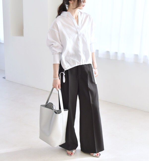 quaranciel「quaranciel:〈洗濯機可能〉リネン ミックス フロントギャザー スキッパー シャツ」|シャツ・ブラウス|