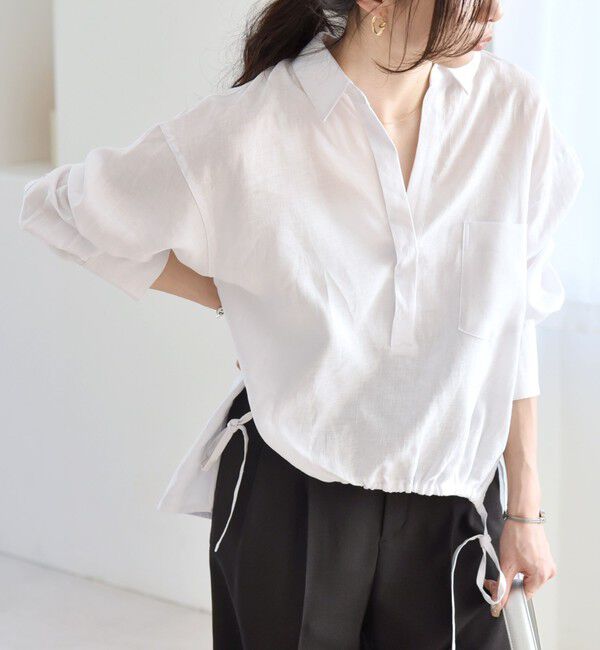 quaranciel「quaranciel:〈洗濯機可能〉リネン ミックス フロントギャザー スキッパー シャツ」|シャツ・ブラウス|