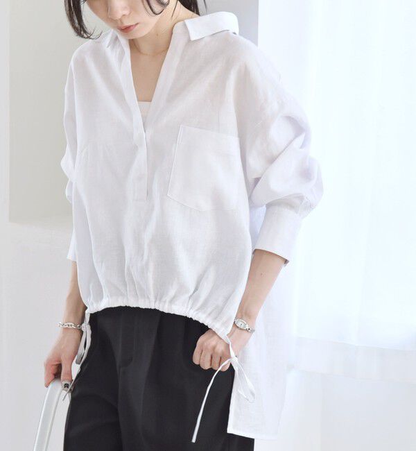 quaranciel「quaranciel:〈洗濯機可能〉リネン ミックス フロントギャザー スキッパー シャツ」|シャツ・ブラウス|