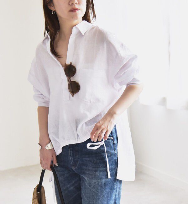 quaranciel「quaranciel:〈洗濯機可能〉リネン ミックス フロントギャザー スキッパー シャツ」|シャツ・ブラウス|