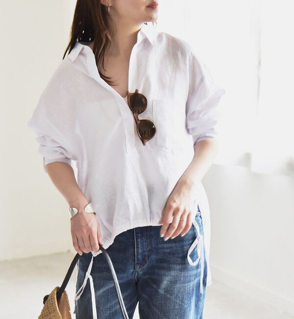 quaranciel「quaranciel:〈洗濯機可能〉リネン ミックス フロントギャザー スキッパー シャツ」|シャツ・ブラウス|