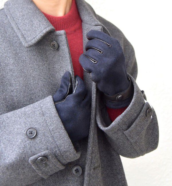 SHIPS any「SHIPS any:〈スマホ/タッチパネル対応〉ウール / レザー ベルト グローブ◇」|手袋|ネイビー