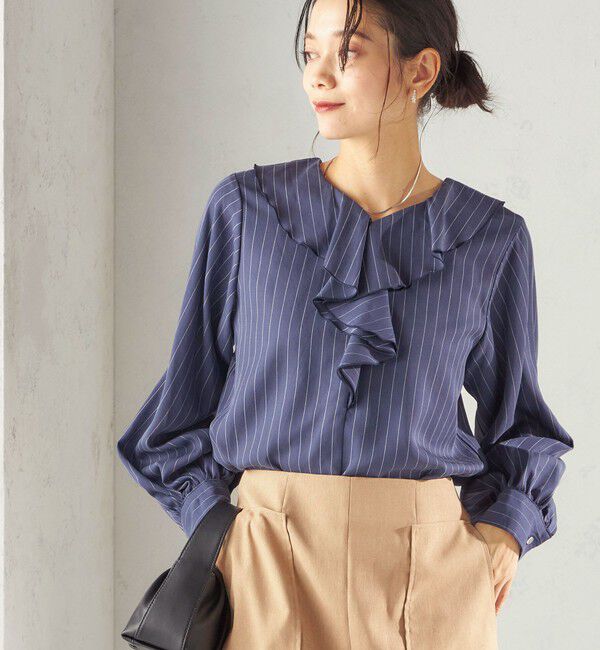 SHIPS for women「《予約》〈手洗い可能〉フィブリル ストライプ フリル カラー ブラウス」|シャツ・ブラウス|ネイビー
