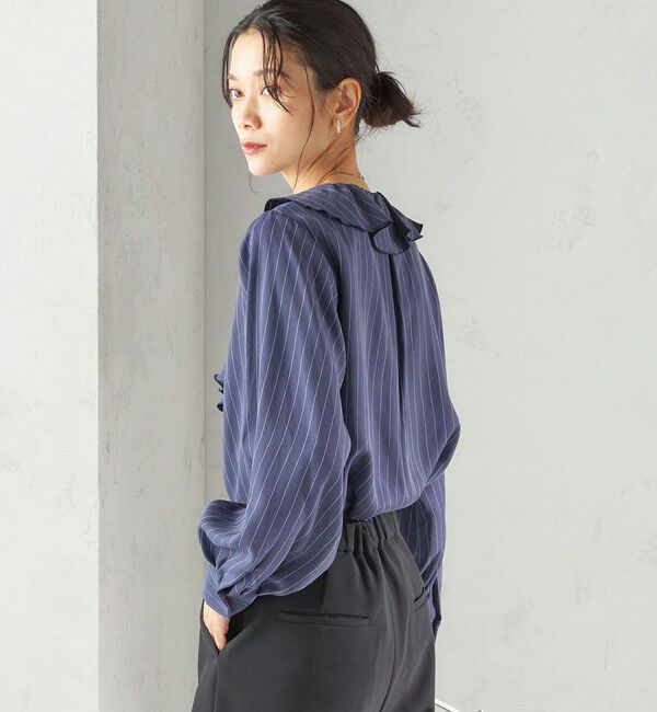 SHIPS for women「《予約》〈手洗い可能〉フィブリル ストライプ フリル カラー ブラウス」|シャツ・ブラウス|