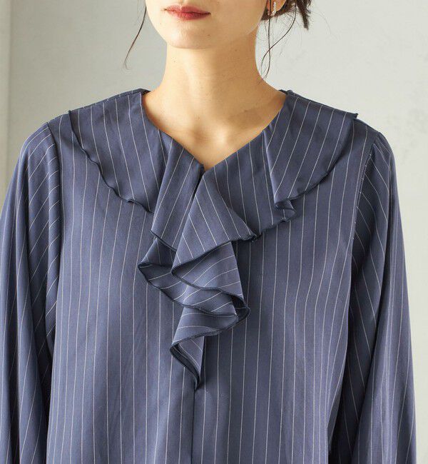 SHIPS for women「《予約》〈手洗い可能〉フィブリル ストライプ フリル カラー ブラウス」|シャツ・ブラウス|