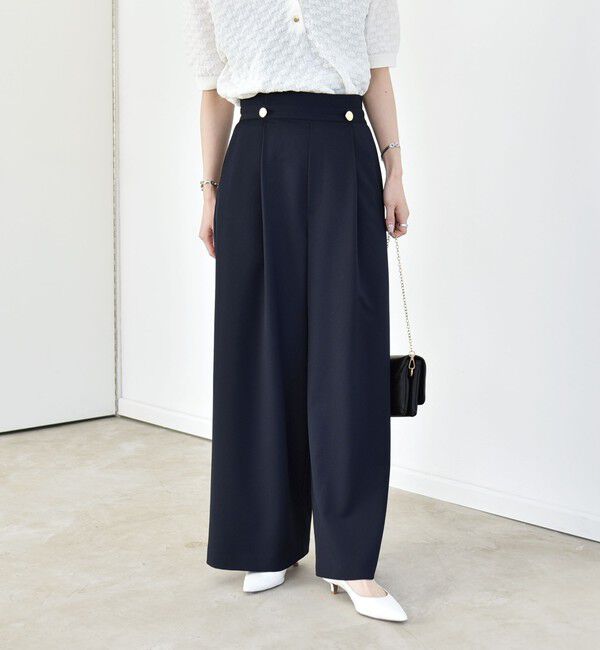 quaranciel「《予約》quaranciel:〈洗濯機可能〉ゴールドボタン ハイウエスト ワイド パンツ」|その他|ネイビー
