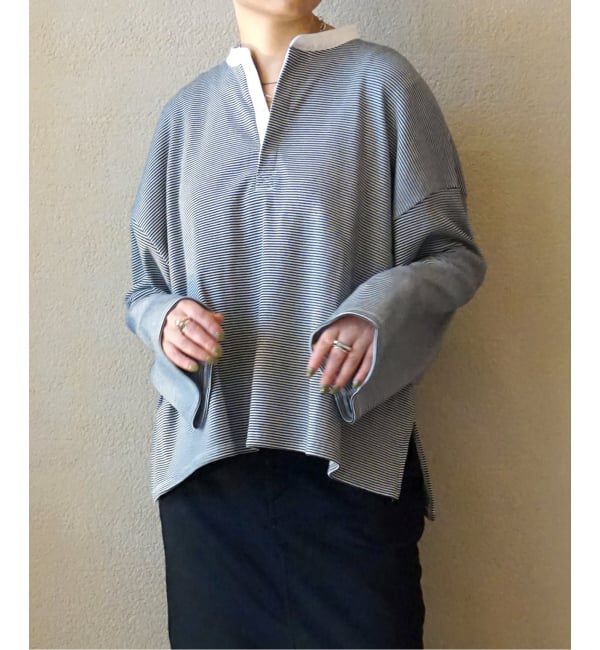 journal standard luxe「テレコボーダー ヘンリーネックプルオーバー」|Tシャツ・カットソー|ブラック