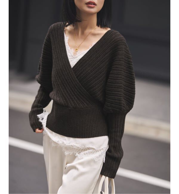 NOBLE「カシュクールランダムリブニットプルオーバー」|ニット・セーター|ブラウン