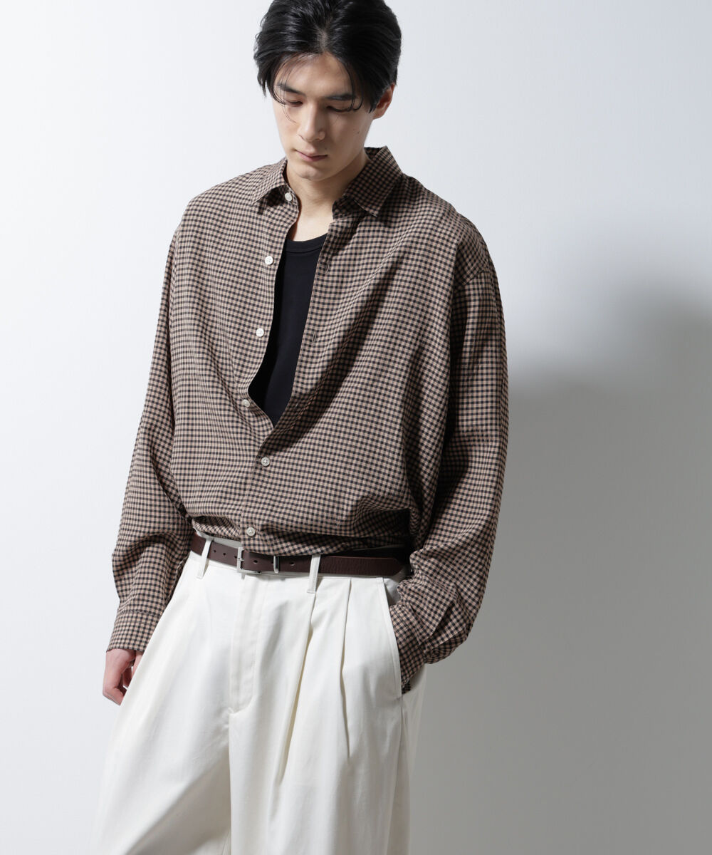 nano･universe「アセテートシアーギンガムチェックレギュラーカラーシャツ 長袖」|シャツ・ブラウス|ベージュ