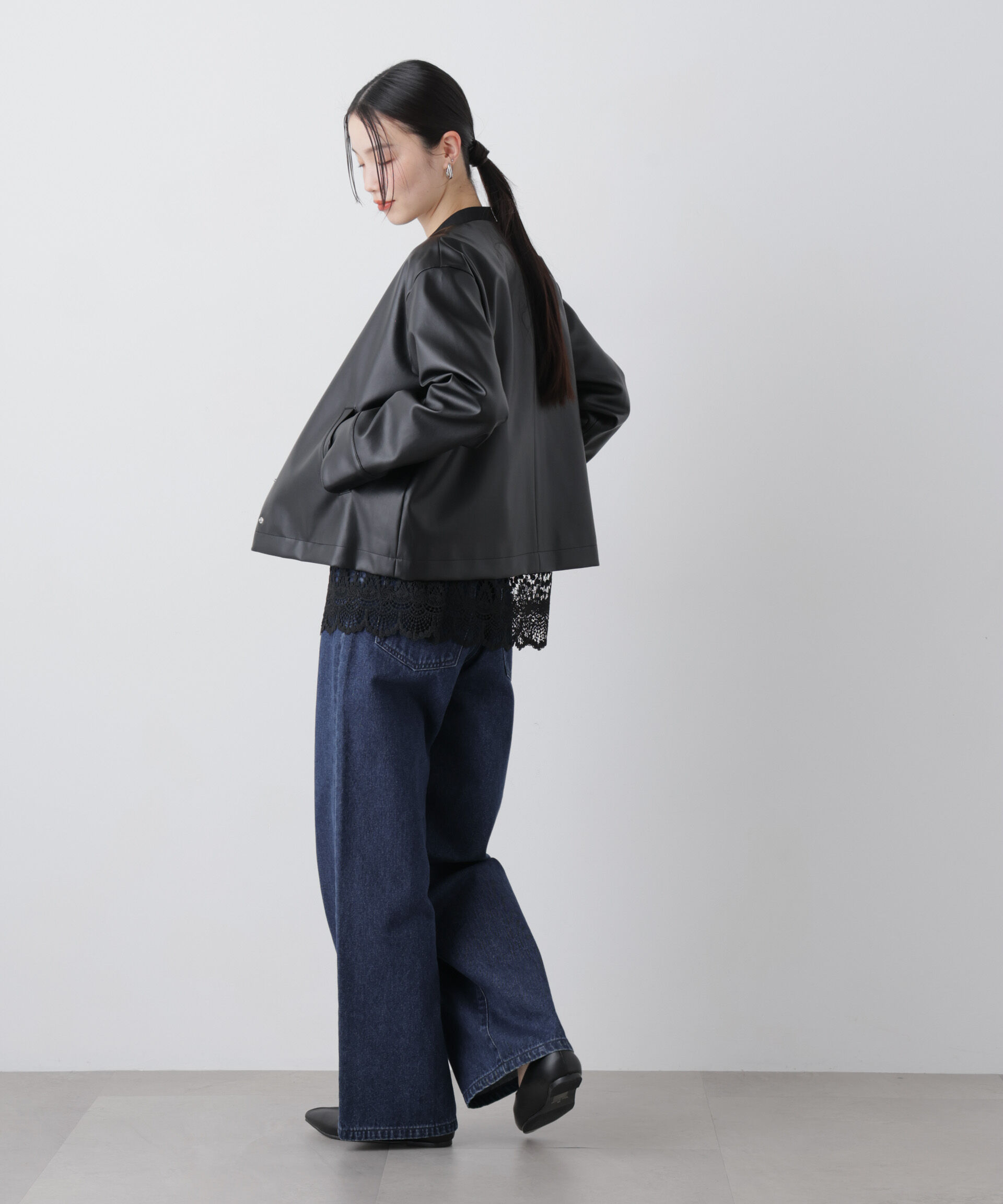 nano･universe「フェイクレザーパールドットノーカラージャケット」|テーラードジャケット|