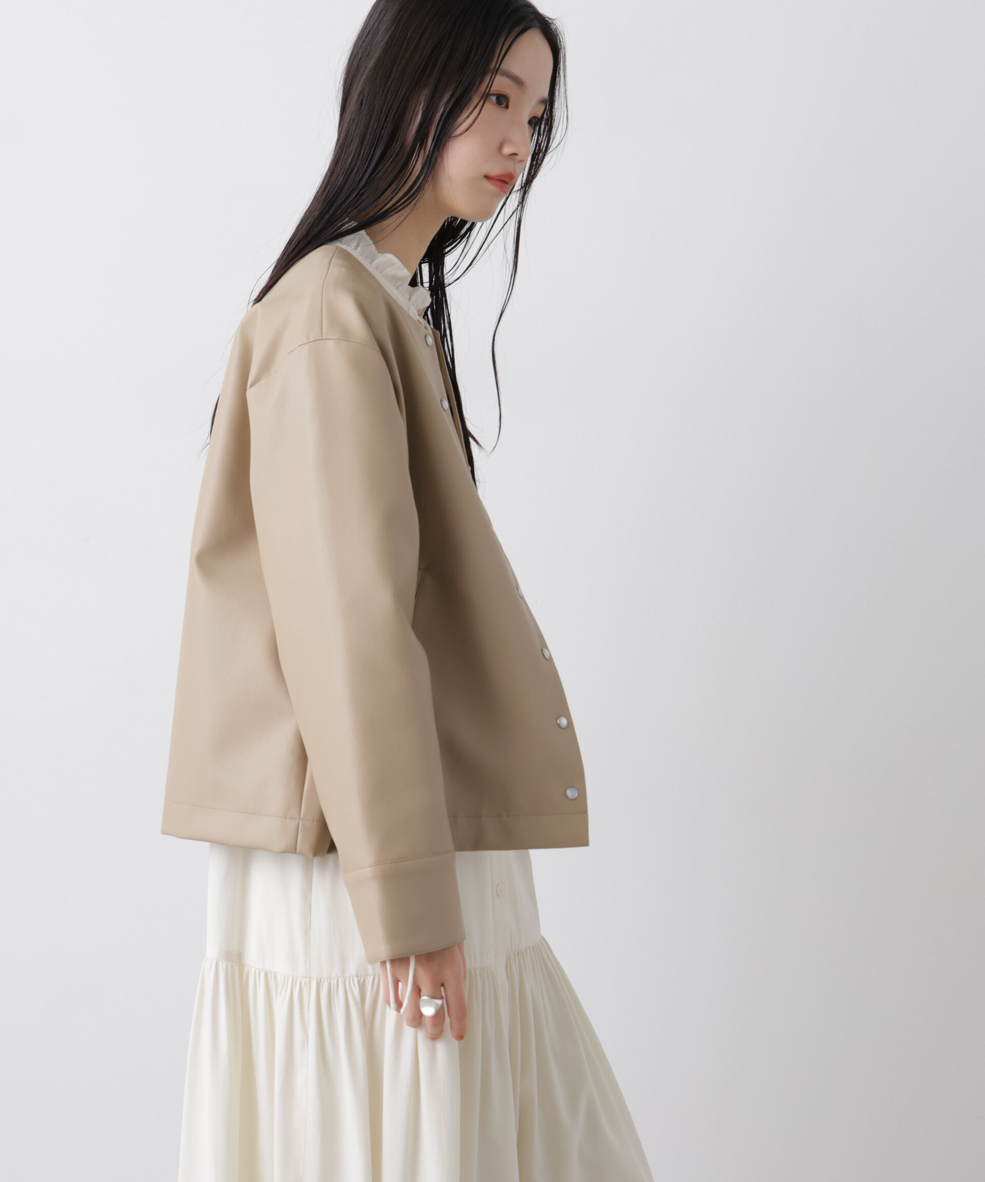 nano･universe「フェイクレザーパールドットノーカラージャケット」|テーラードジャケット|