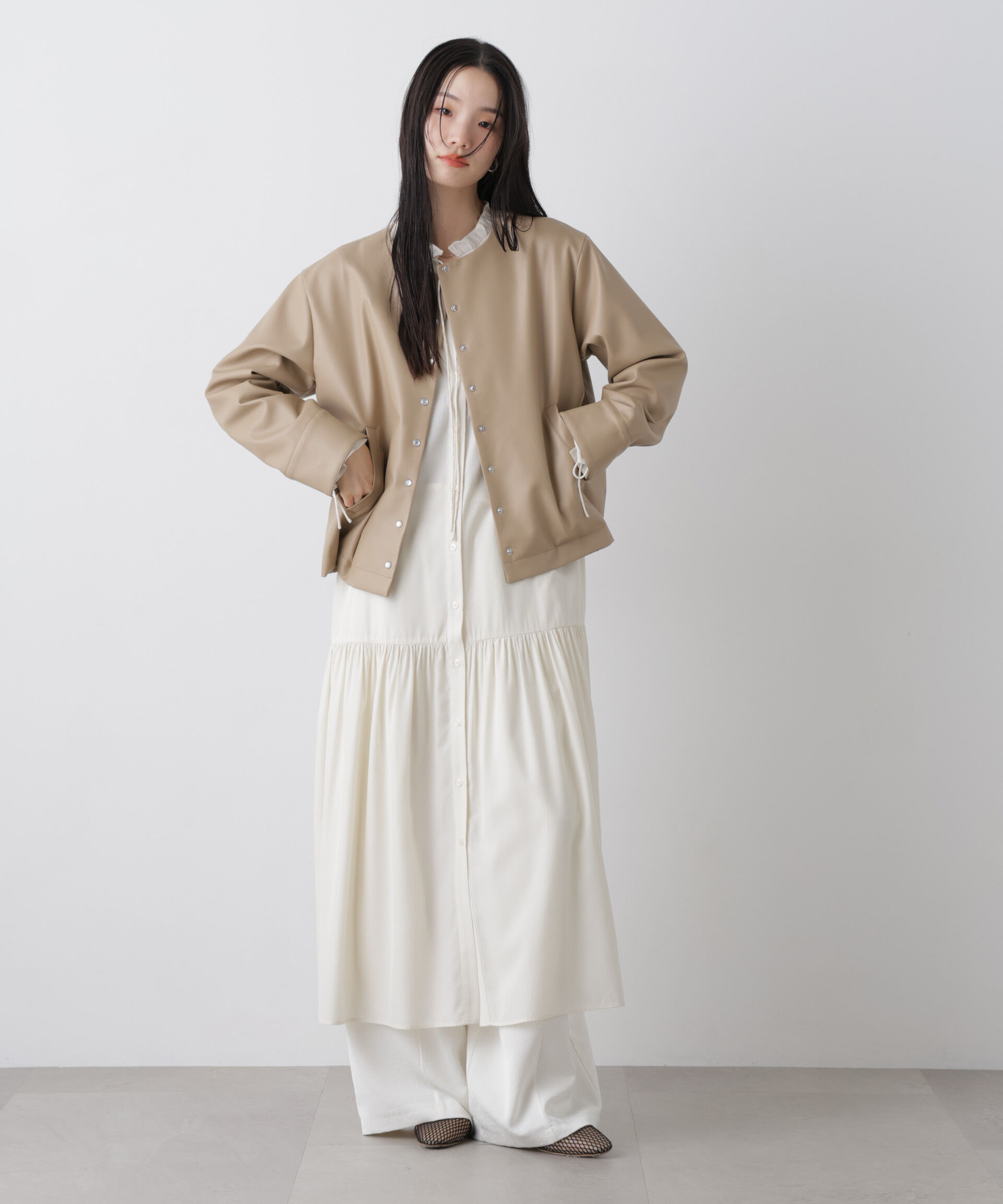 nano･universe「フェイクレザーパールドットノーカラージャケット」|テーラードジャケット|