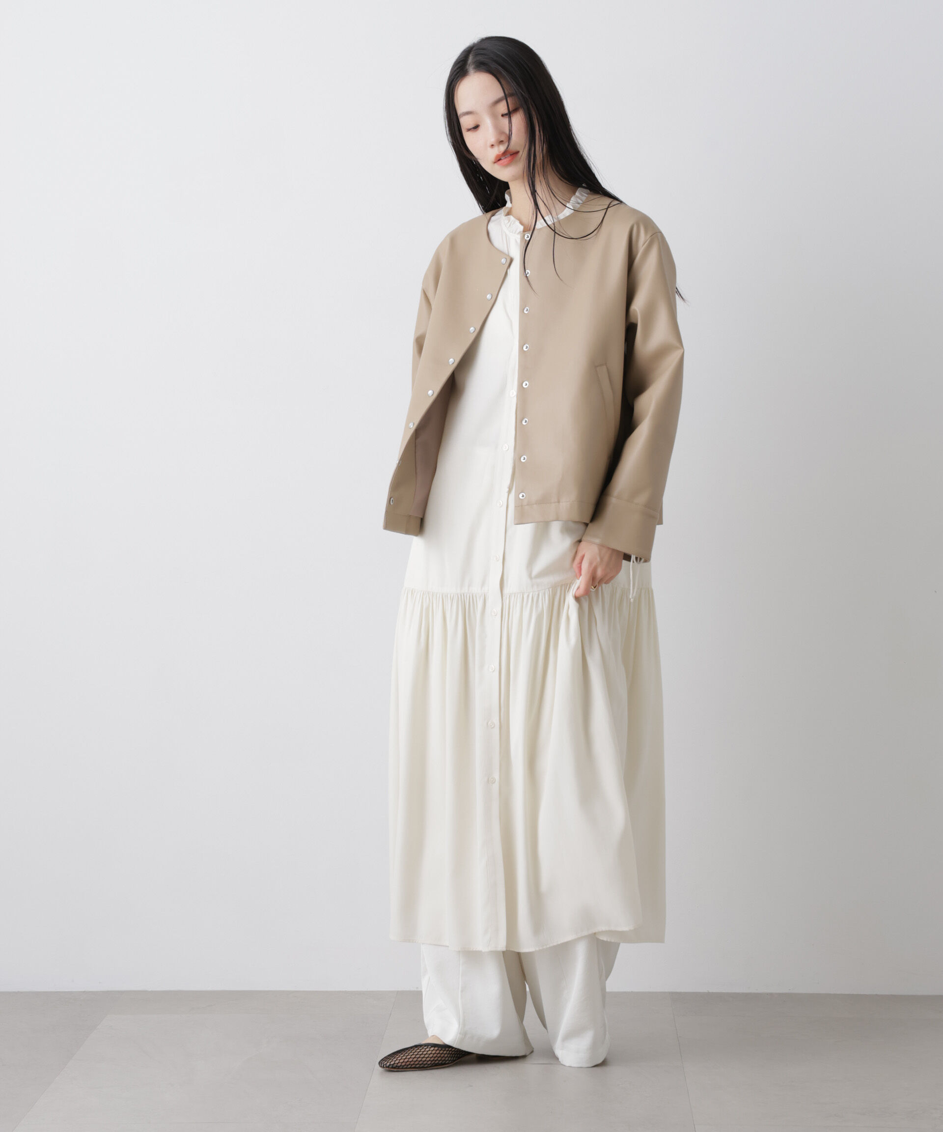 nano･universe「フェイクレザーパールドットノーカラージャケット」|テーラードジャケット|